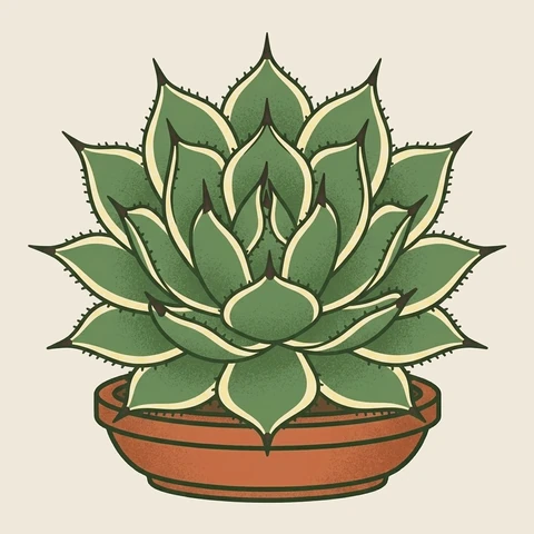 Illustration of a variegated agave in a terracotta bowl