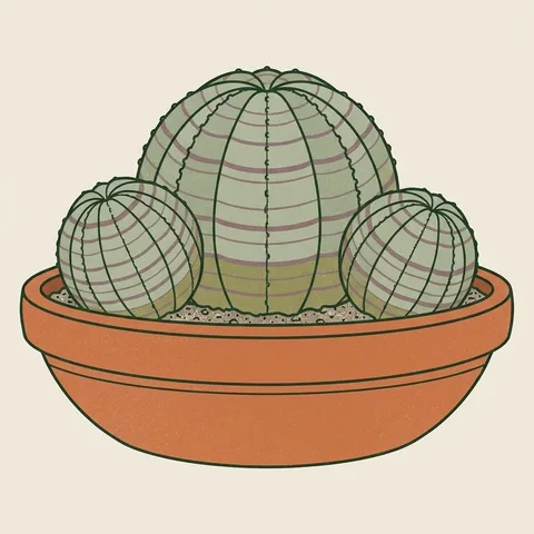 Illustration of three Euphorbia obesa plants in a terracotta bowl